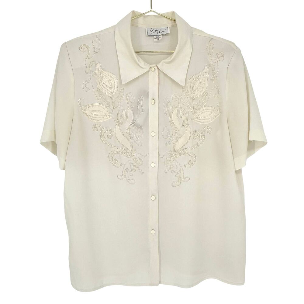 Vintage 1990s Kathy Che Pearl Embroidered Camp Shirt Size 12 Western Indie